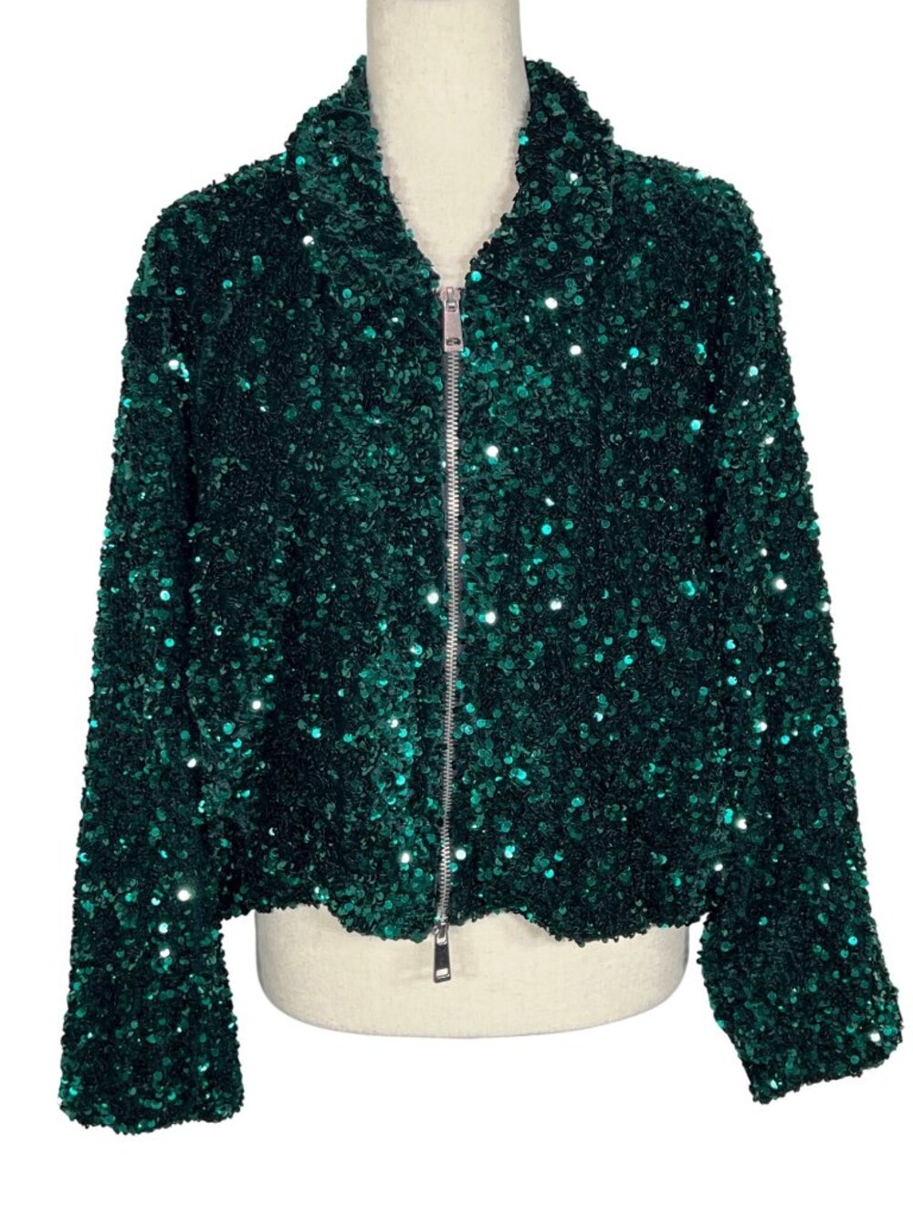 ANTHROPOLOGIE MAEVE Disco Sequined Moto Jacket Emerald Green Sz M NWOT